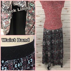 LuLaRoe Lola Teal, Black & Redish Orange Skirt